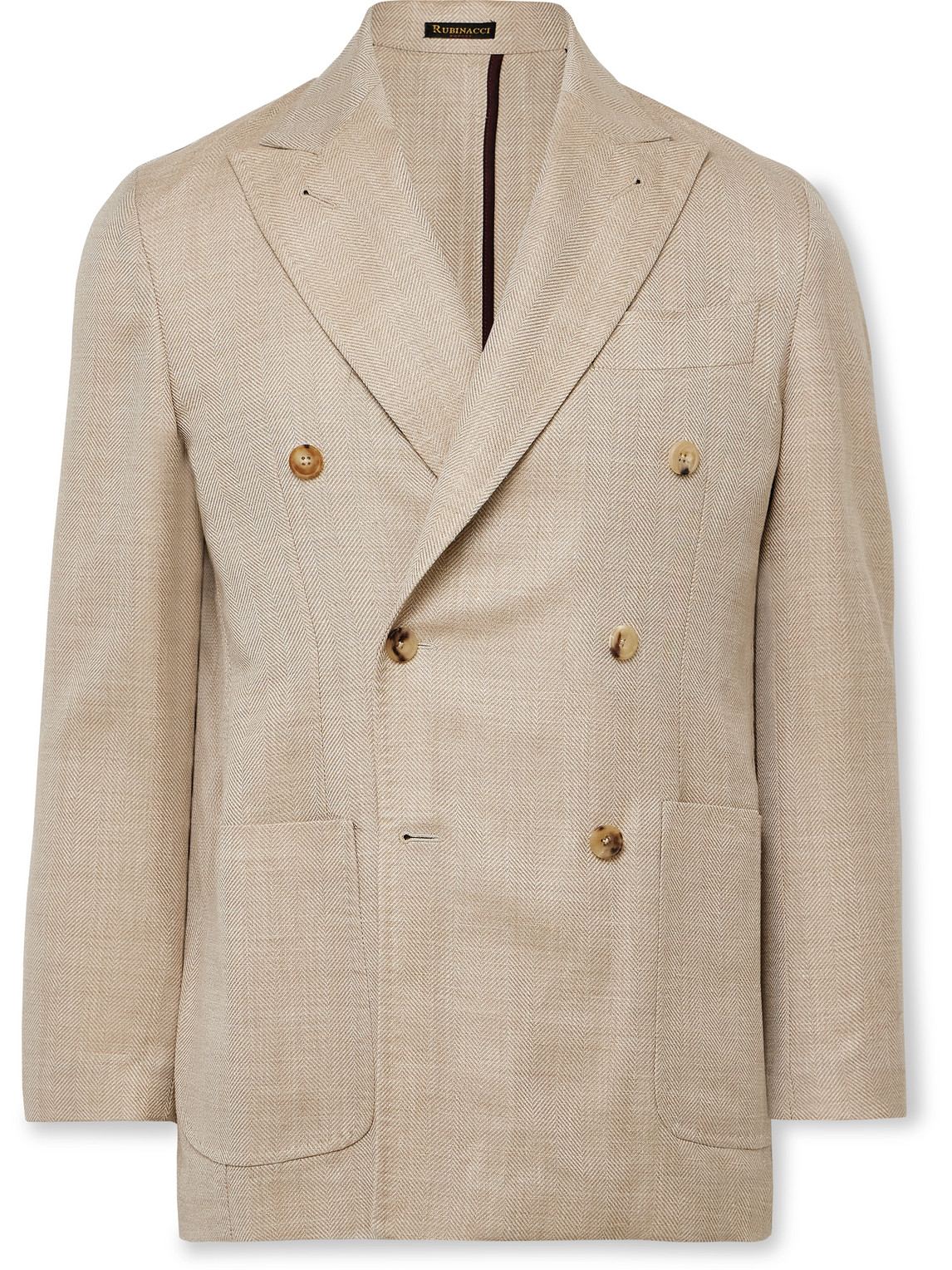 Rubinacci Unstructured Double-breasted Herringbone Virgin Wool, Silk And Linen-blend Blazer In Neutrals
