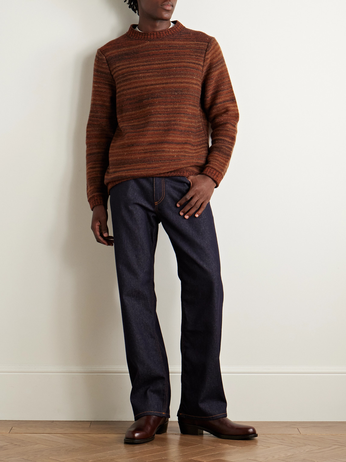 Inis Meain Striped Merino Wool And Cashmere-blend Sweater In Brown