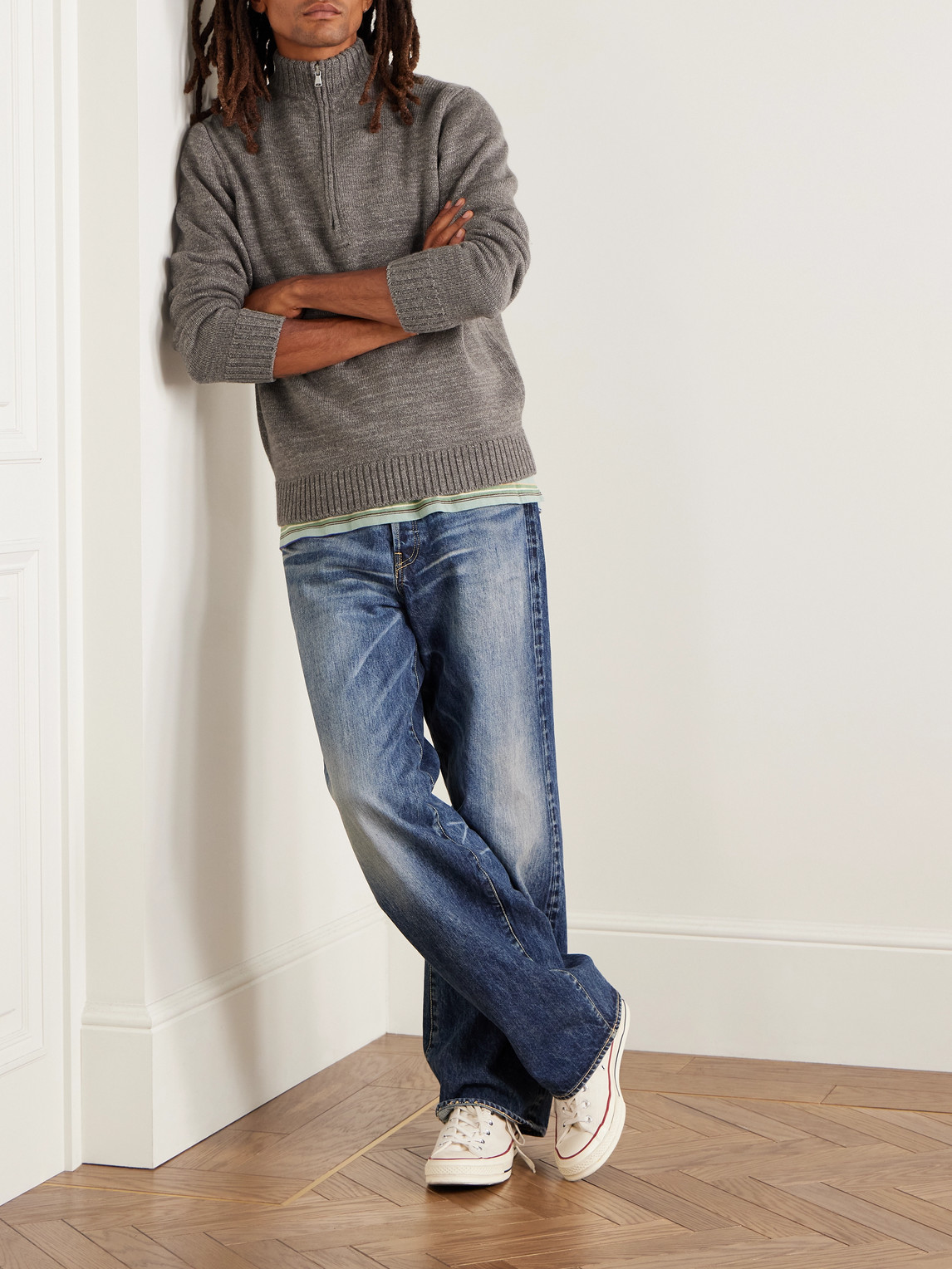 Inis Meain Wool And Linen-blend Half-zip Sweater In Gold