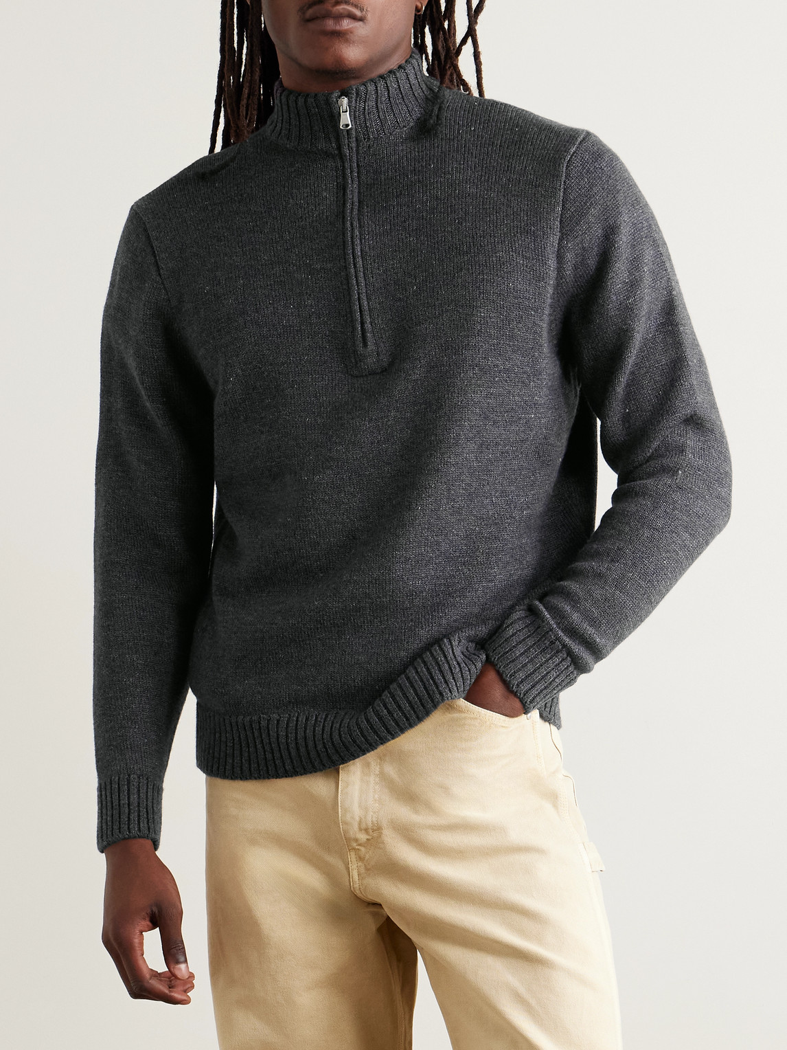 Inis Meain Wool And Linen-blend Half-zip Sweater In Gray