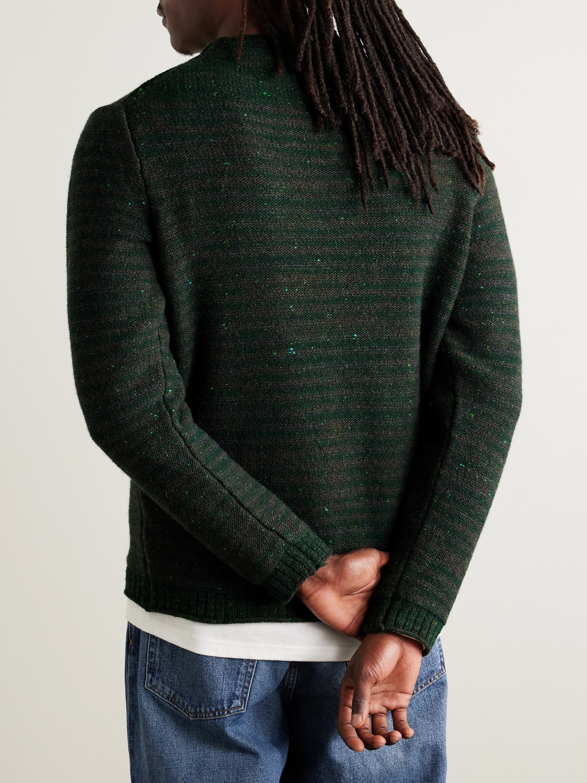 Inis Meain Striped Merino Wool And Cashmere-blend Sweater In Black