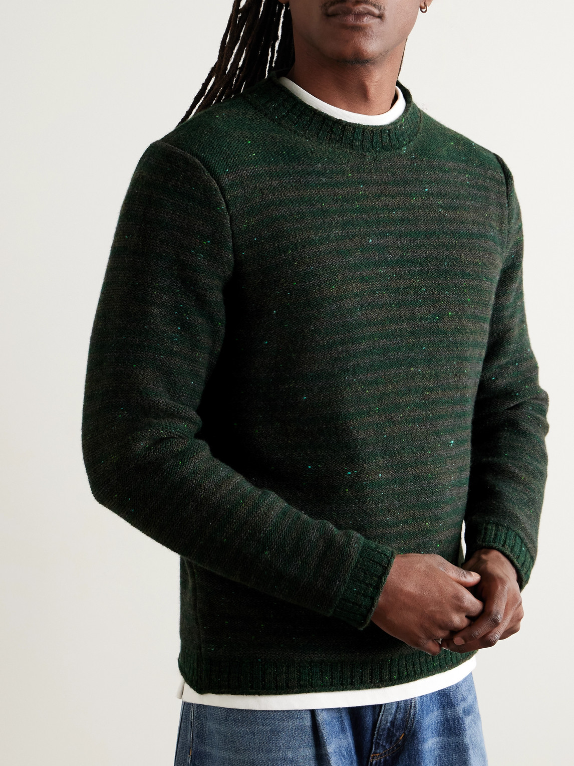 Inis Meain Striped Merino Wool And Cashmere-blend Sweater In Black
