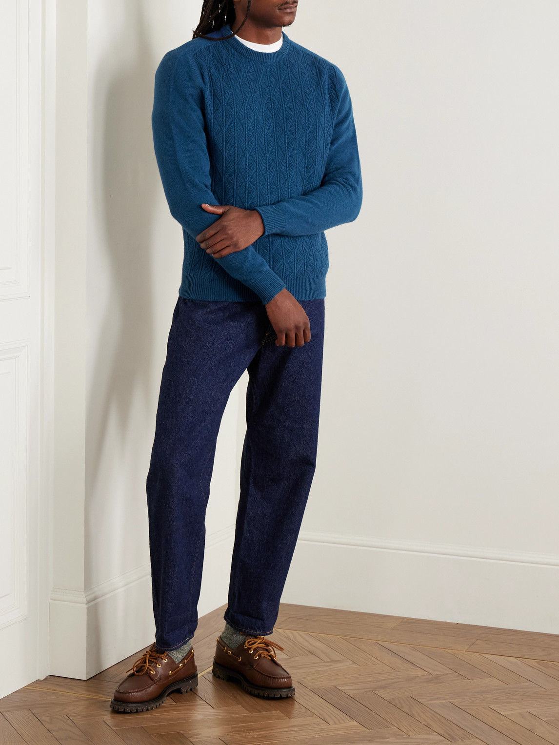 Inis Meain Slim-fit Cable-knit Merino Wool And Cashmere-blend Sweater In Blue