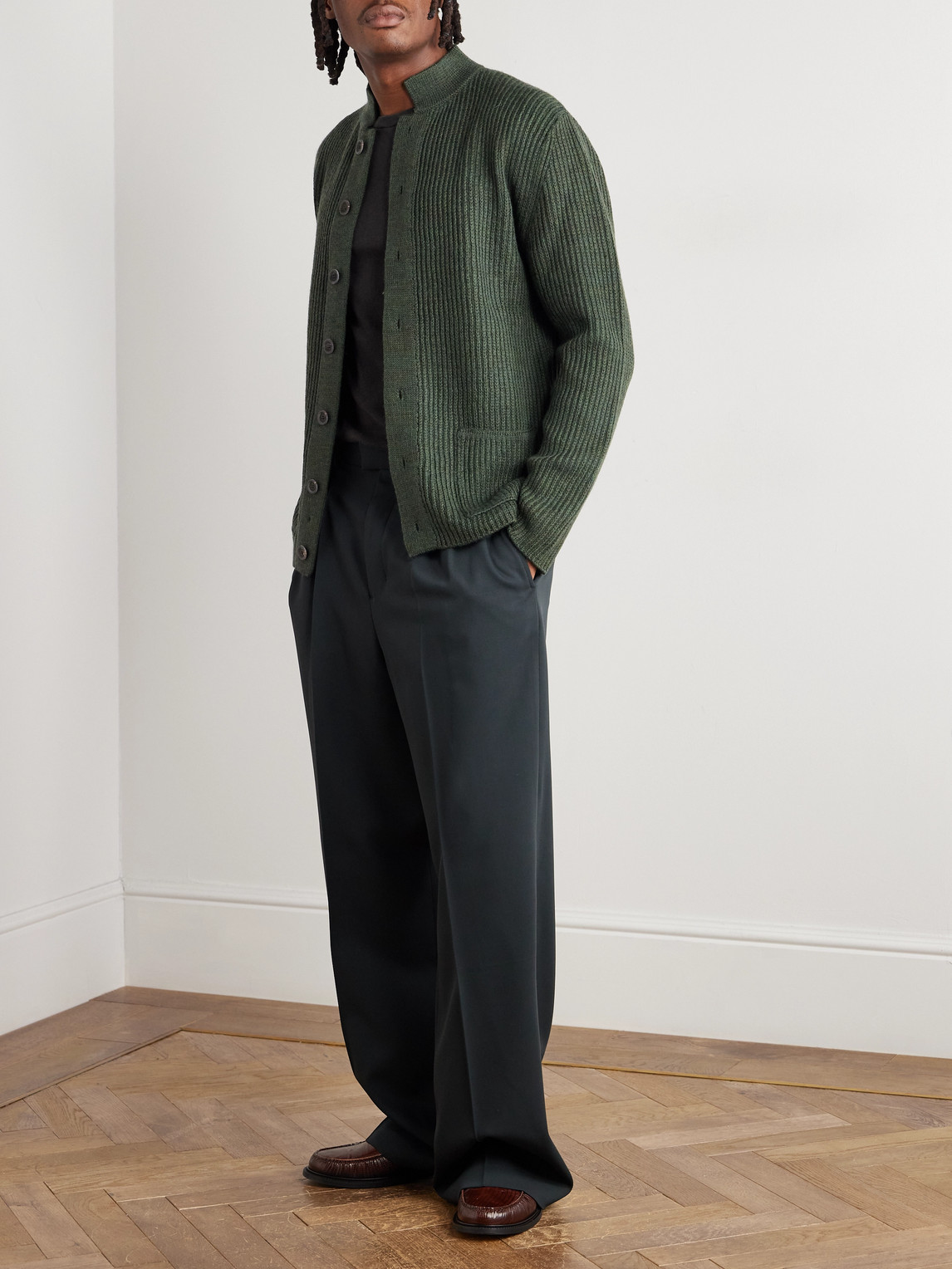Inis Meain Wool And Linen-blend Cardigan In Green