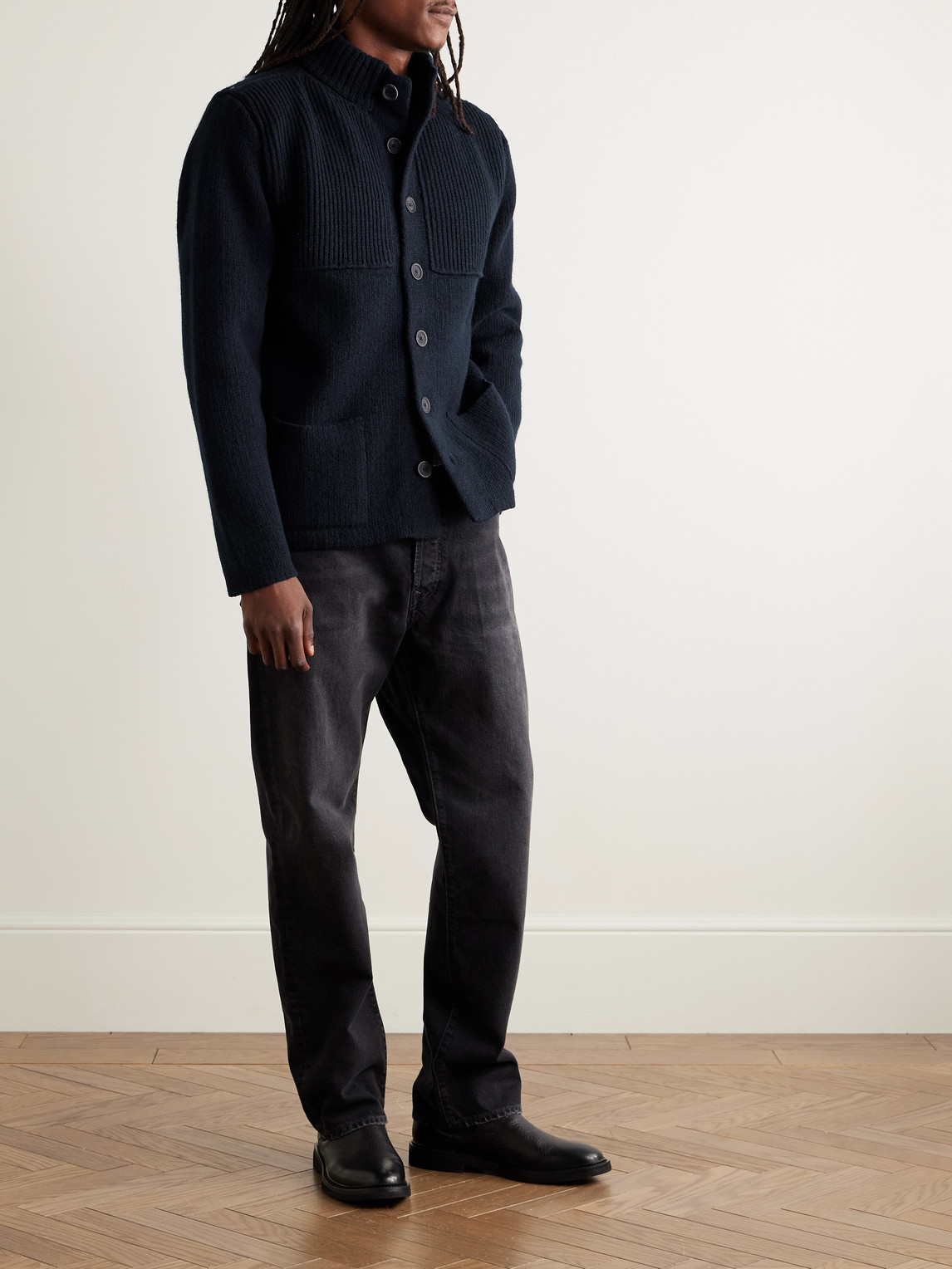 Inis Meain Storm Ribbed Merino Wool And Cashmere-blend Cardigan In Black