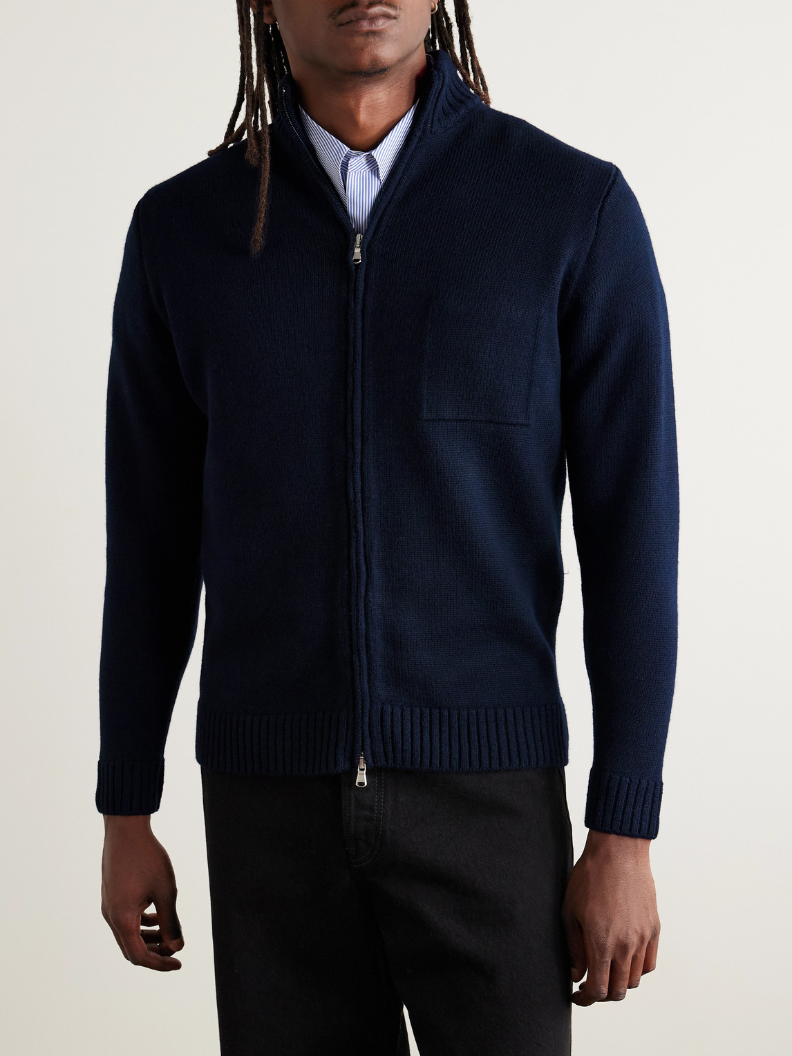 Inis Meain Wool And Linen-blend Zip-up Cardigan In Blue