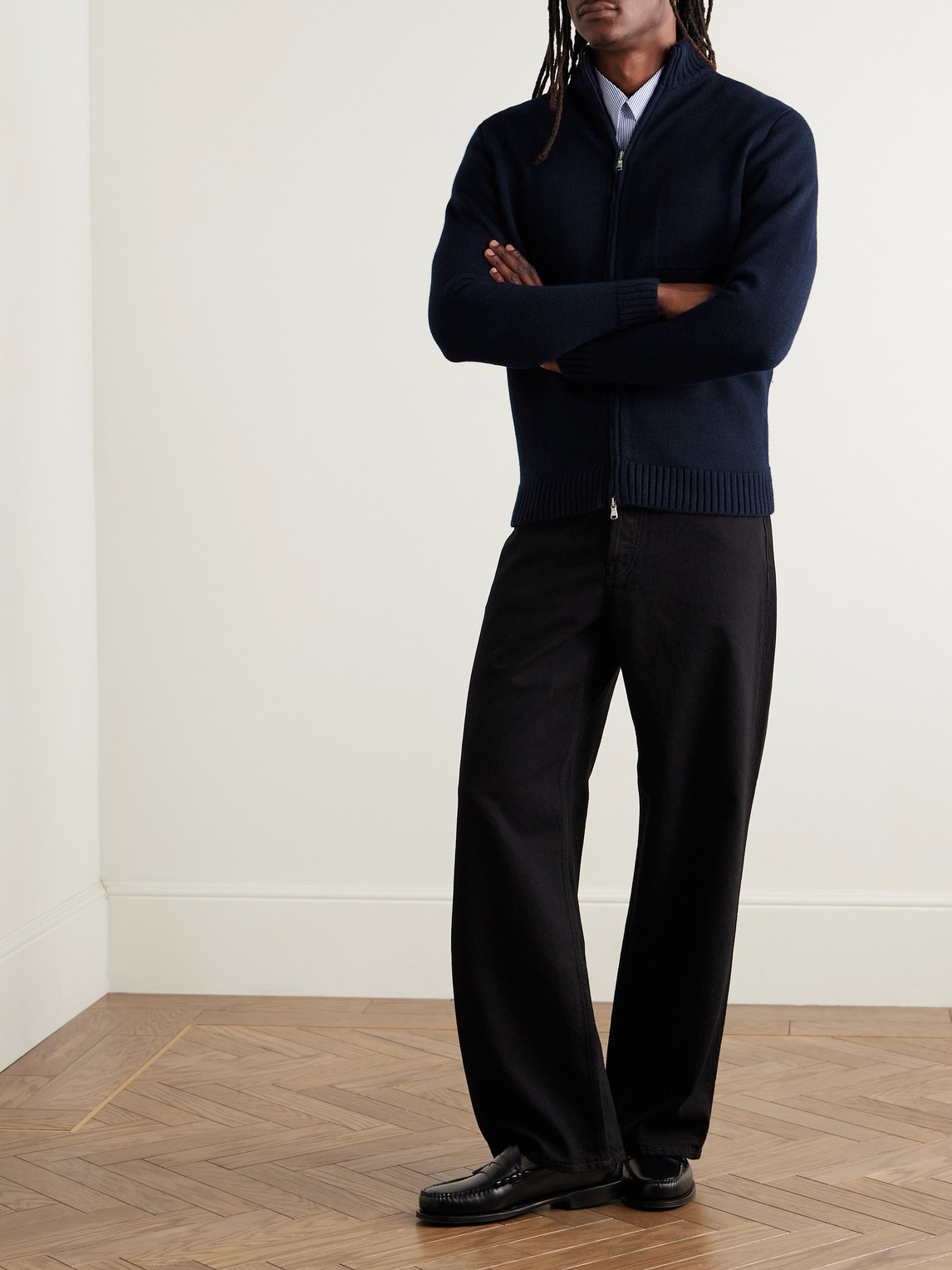 Inis Meain Wool And Linen-blend Zip-up Cardigan In Blue