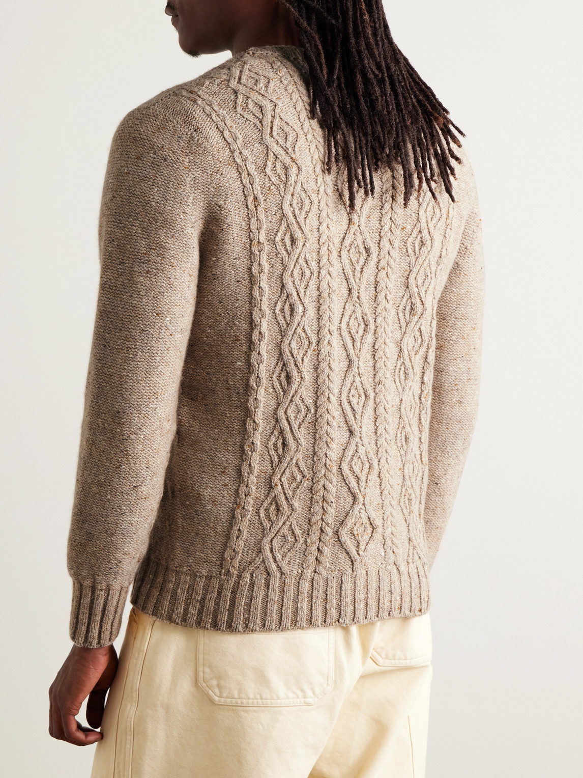 Inis Meain Celebration Cable-knit Merino Wool And Cashmere-blend Sweater In Brown
