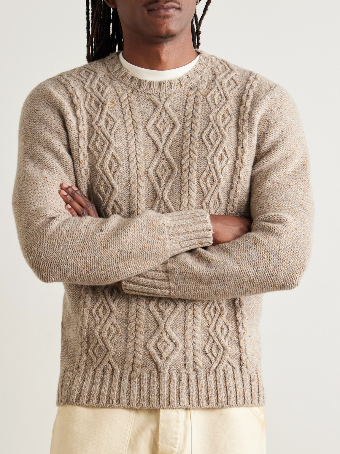 Inis Meain Celebration Cable-knit Merino Wool And Cashmere-blend Sweater In Brown