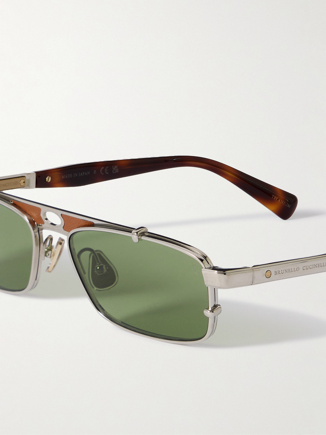 Brunello Cucinelli Square-frame Leather-trimmed Silver-tone Sunglasses
