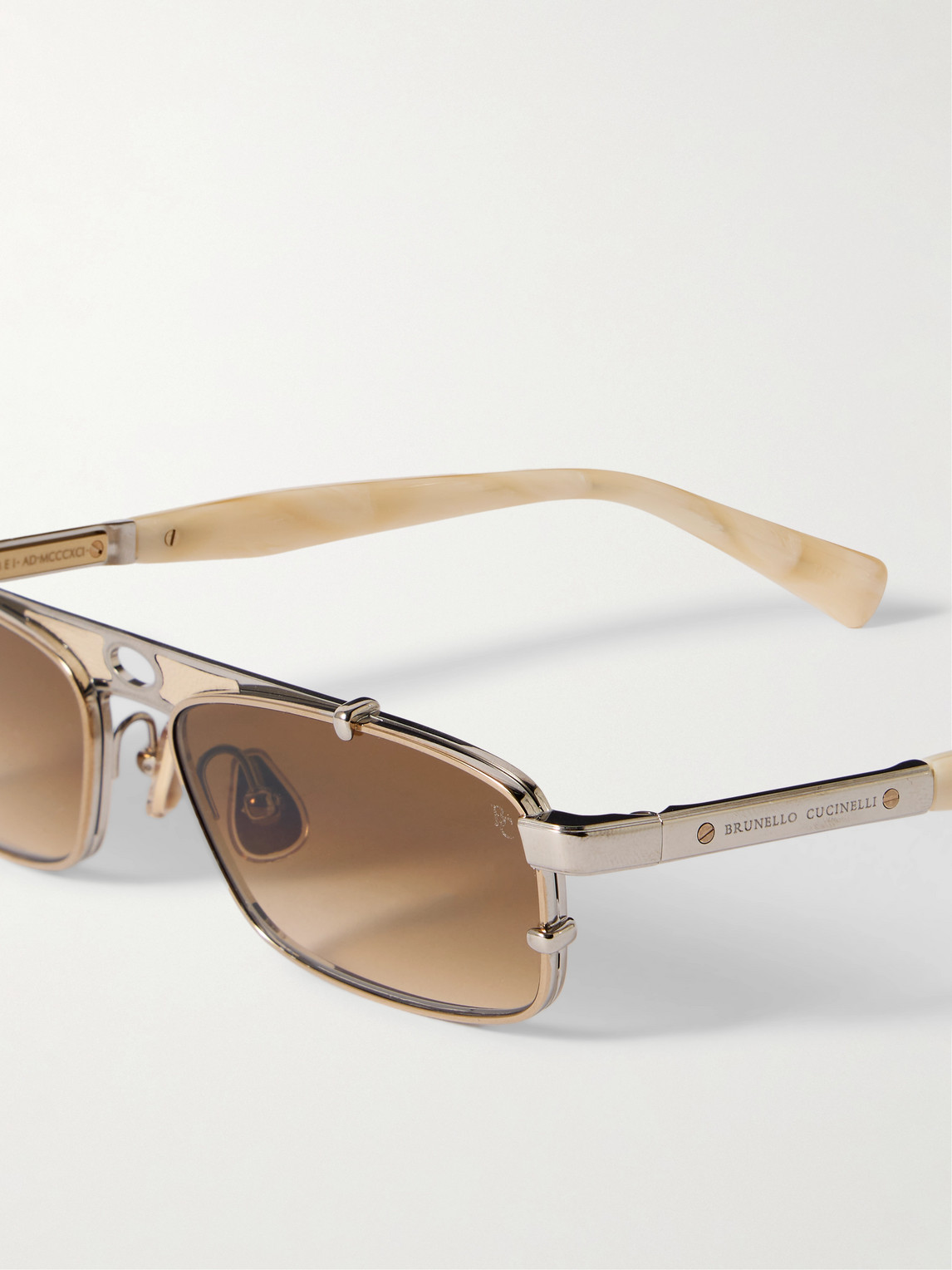 Brunello Cucinelli Square-frame Leather-trimmed Gold-tone Sunglasses