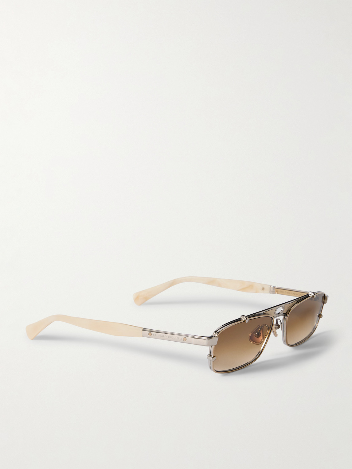 Brunello Cucinelli Square-frame Leather-trimmed Gold-tone Sunglasses