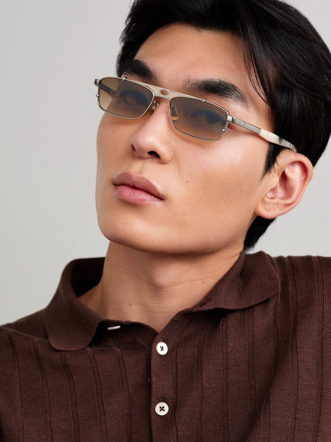 Brunello Cucinelli Square-frame Leather-trimmed Gold-tone Sunglasses