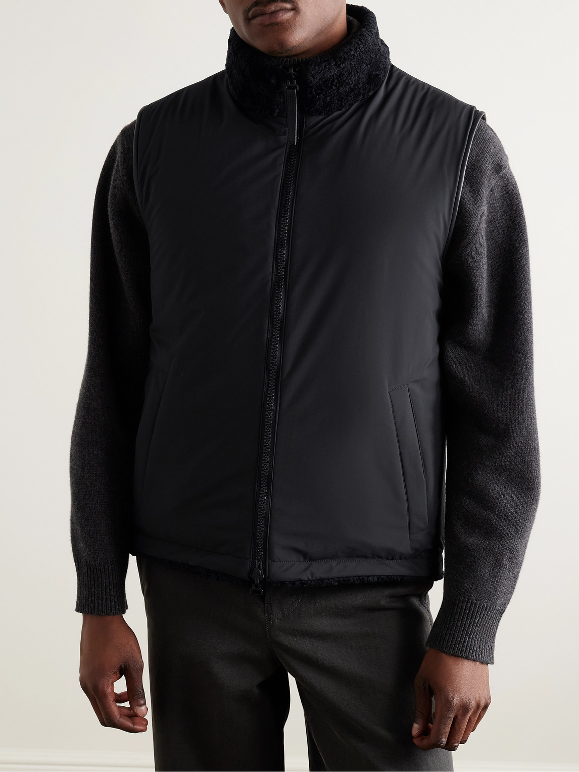 YVES SALOMON REVERSIBLE LEATHER-TRIMMED SHEARLING AND SHELL GILET