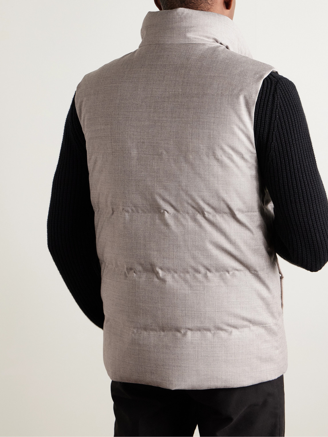 YVES SALOMON LEATHER-TRIMMED QUILTED GREEN STORM SYSTEM® WOOL AND SILK-BLEND DOWN GILET