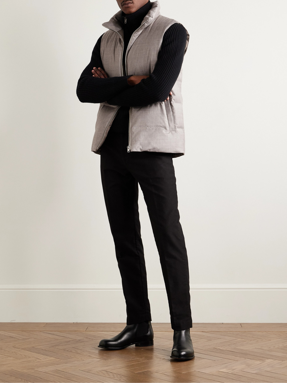 YVES SALOMON LEATHER-TRIMMED QUILTED GREEN STORM SYSTEM® WOOL AND SILK-BLEND DOWN GILET