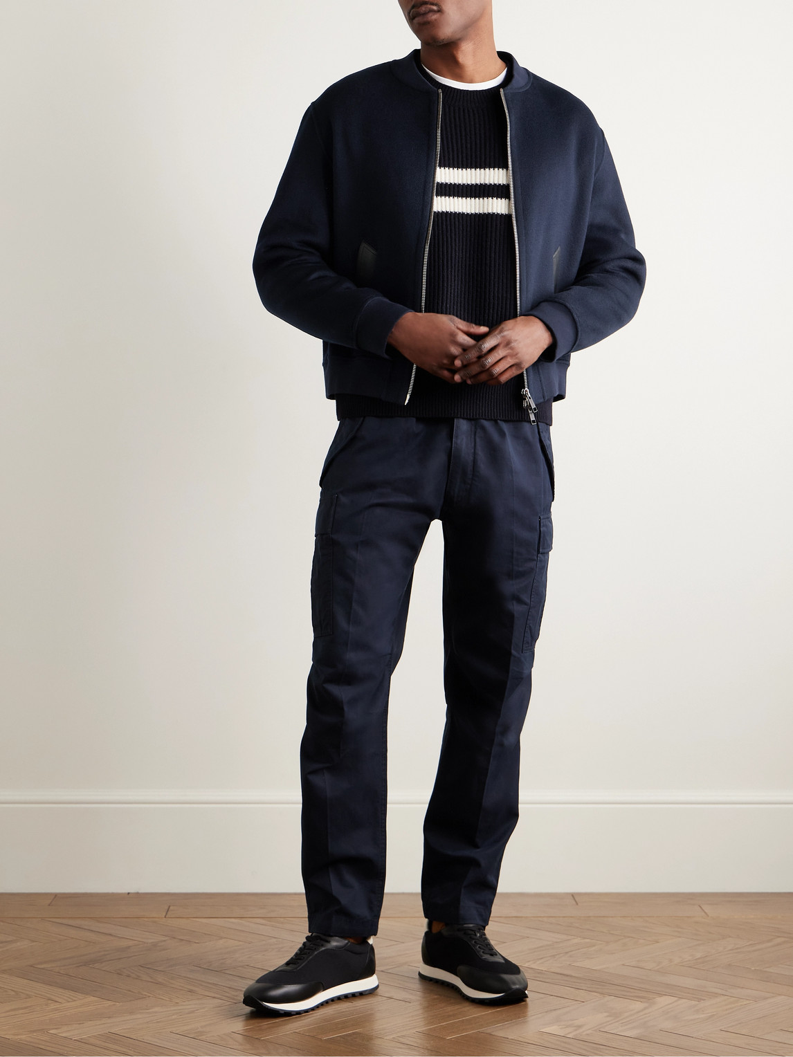 YVES SALOMON LEATHER-TRIMMED WOOL AND CASHMERE-BLEND FELT BOMBER JACKET