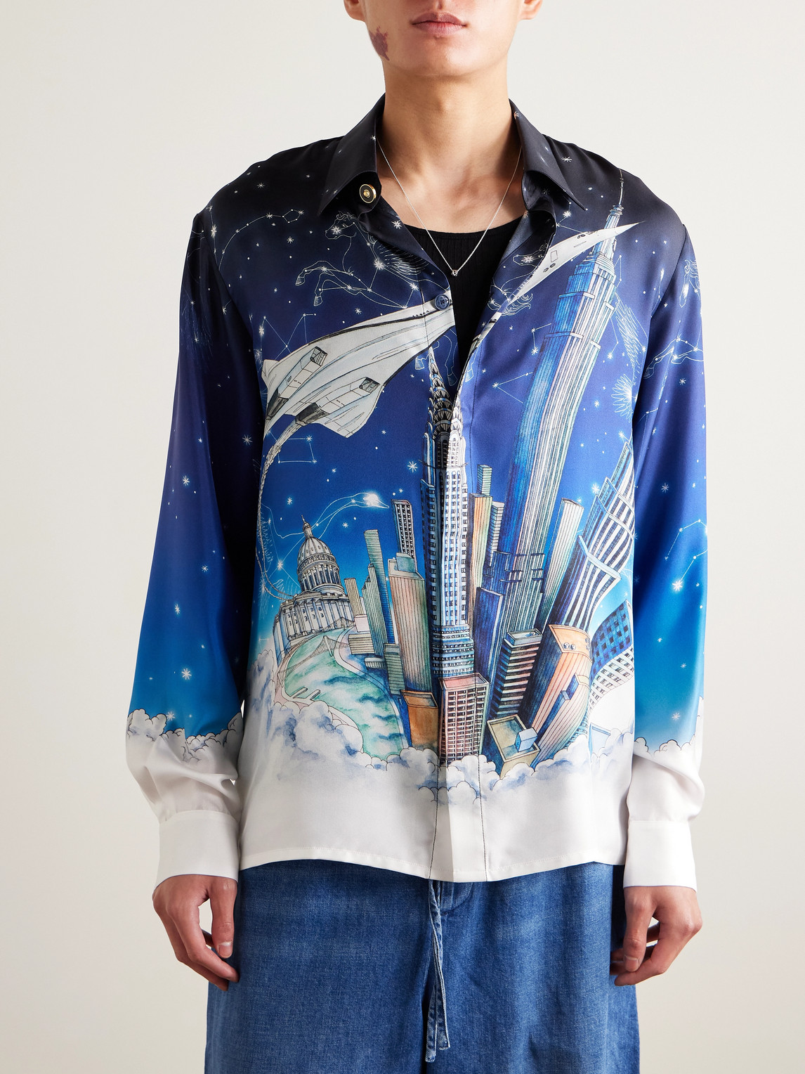 Casablanca Mens Vol De Nuit Classic Long-sleeve Silk Shirt Xl In Blue