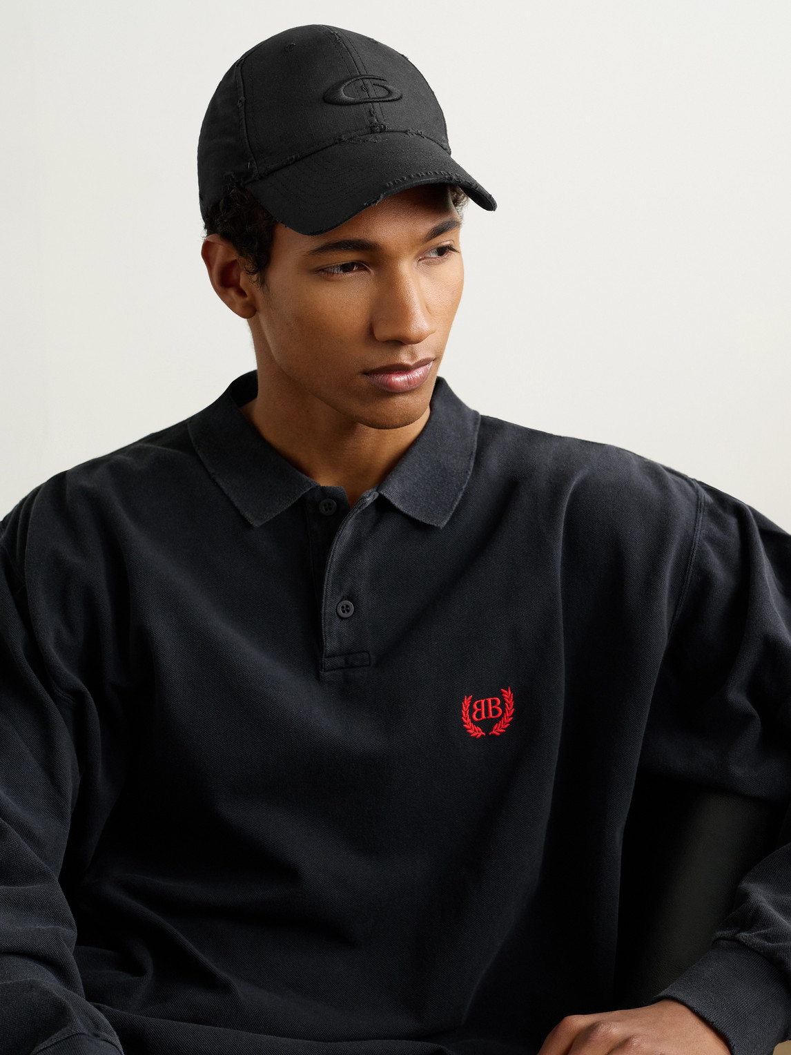Balenciaga Cargo Distressed Logo-embroidered Cotton-ripstop Baseball Cap In Black