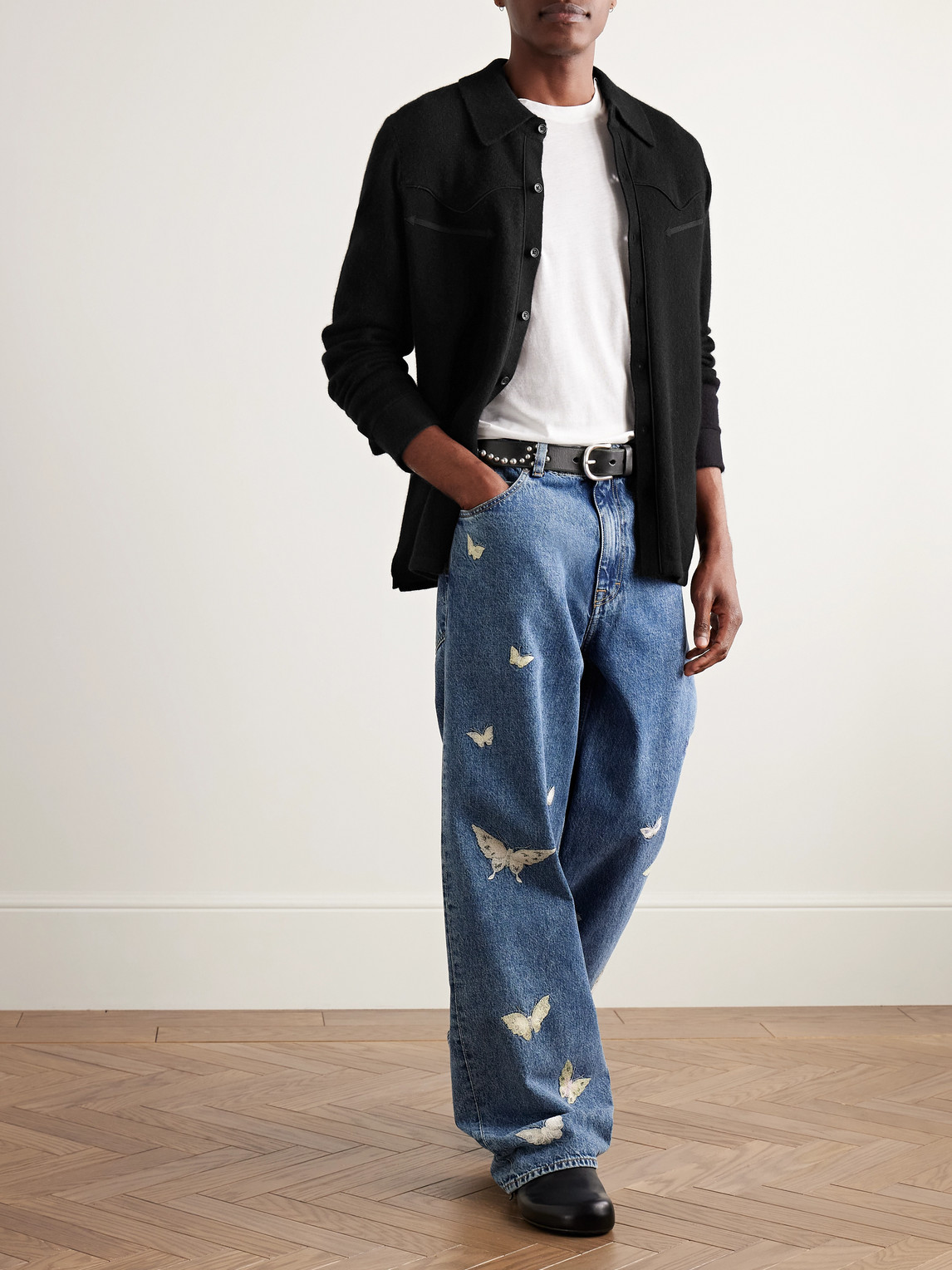 Guest In Residence Western Felt-trimmed Cashmere Shirt In Black