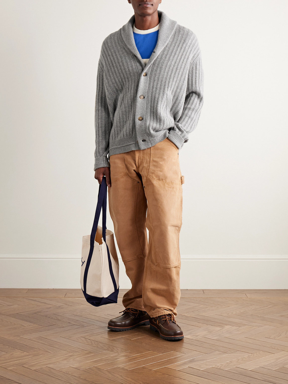 Guest In Residence Varsity Shawl-collar Ribbed Wool And Cashmere-blend Cardigan In Gray
