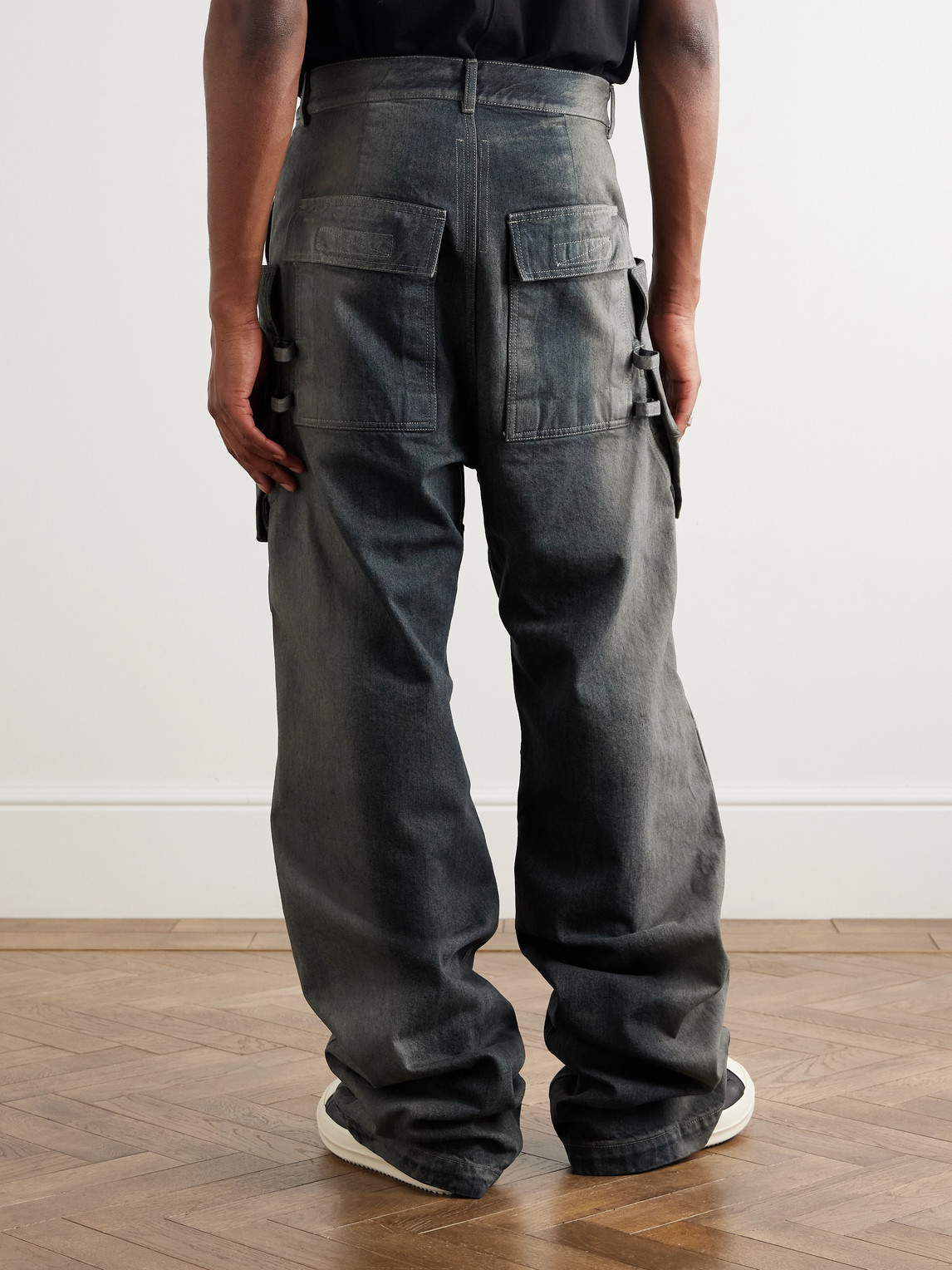 Rick Owens Stefan Wide-leg Distressed Denim Cargo Trousers In Green