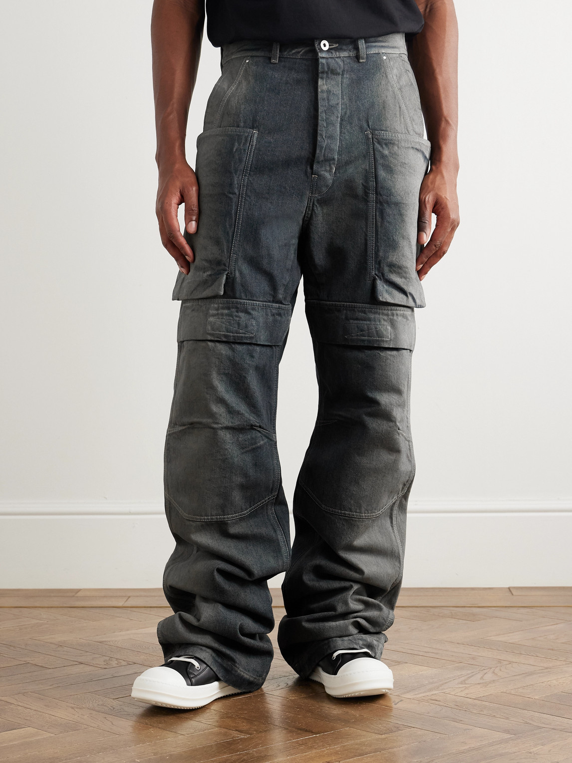 Rick Owens Stefan Wide-leg Distressed Denim Cargo Trousers In Green