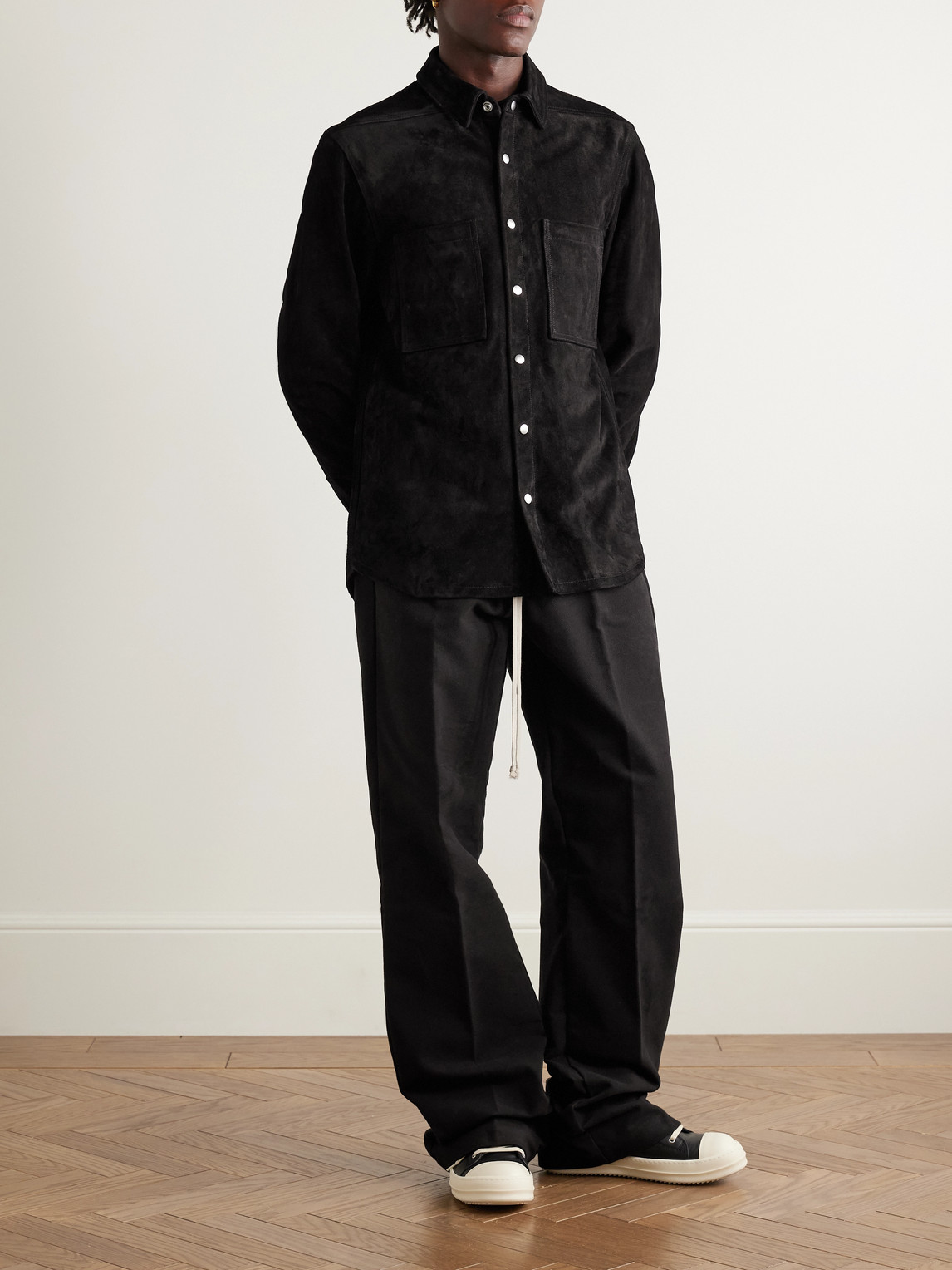 Rick Owens Leather Outershirt With Pockets And Collar In Black