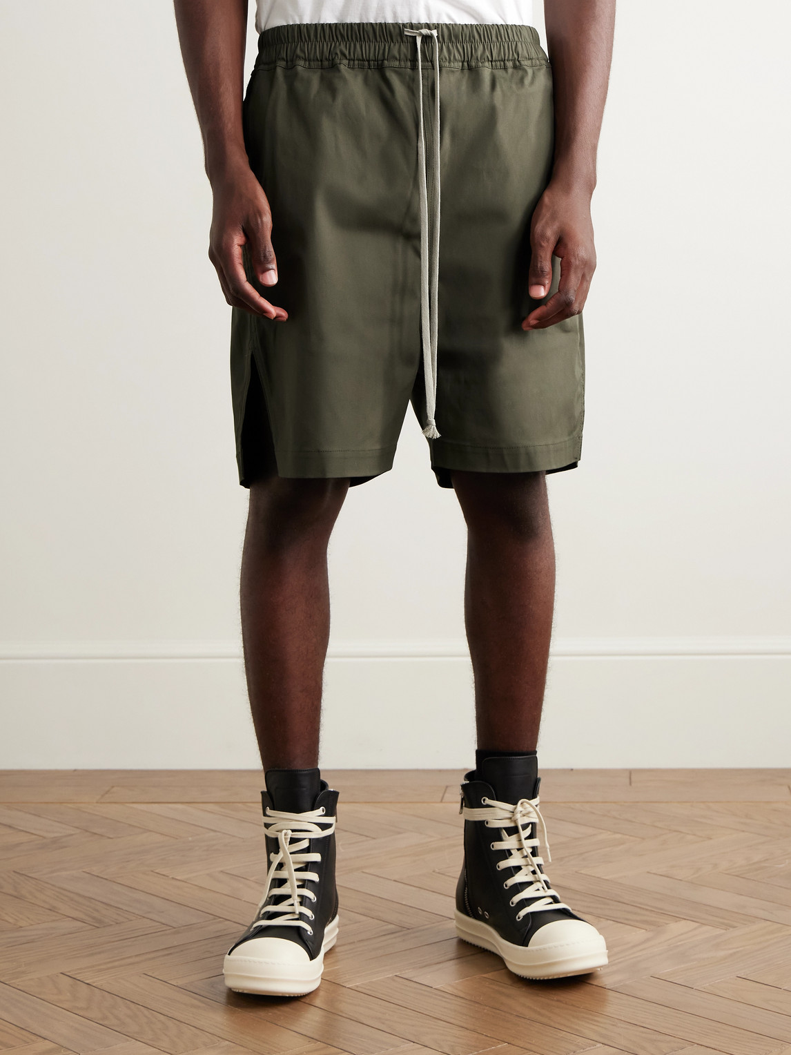 Rick Owens Straight-leg Cotton-blend Poplin Drawstring Shorts In Green