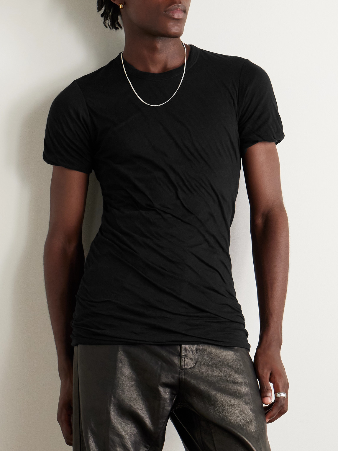 Rick Owens Double Ss Cotton T-shirt Draped Effect In Black