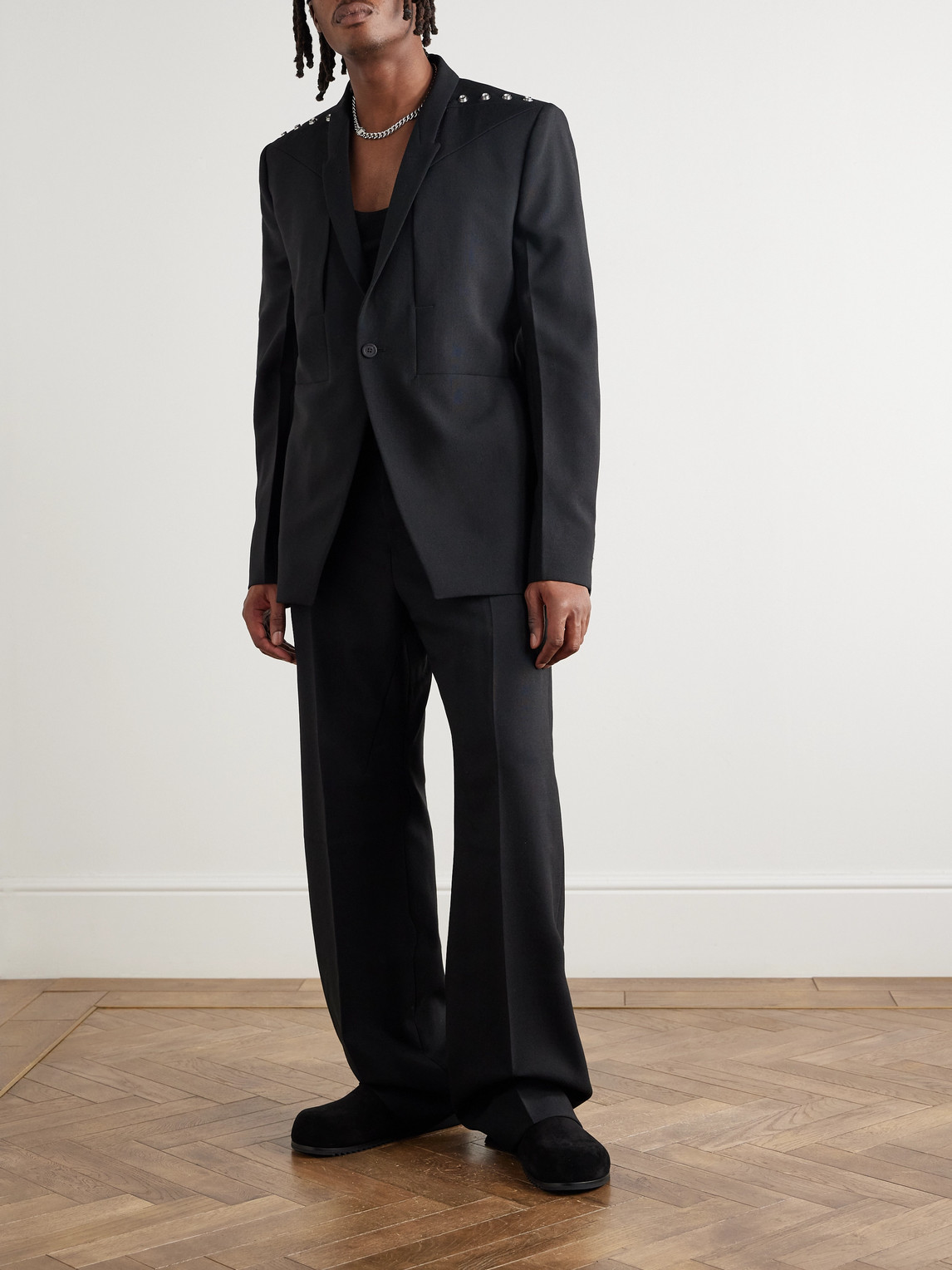 Rick Owens Fogpocket Studded Grain De Poudre Virgin Wool Blazer In Black