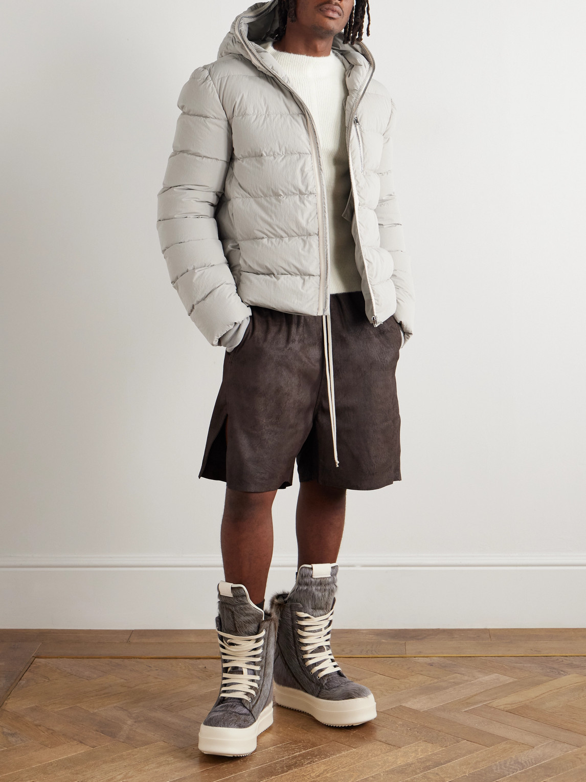 Rick Owens Quilted Shell Hooded Down Jacket In Gray