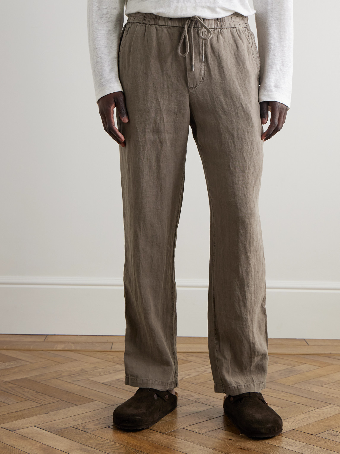 JAMES PERSE STRAIGHT-LEG GARMENT-DYED LINEN DRAWSTRING TROUSERS