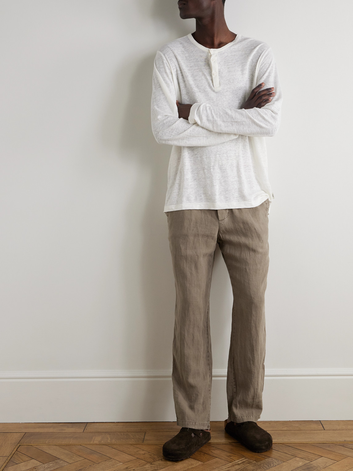 JAMES PERSE STRAIGHT-LEG GARMENT-DYED LINEN DRAWSTRING TROUSERS