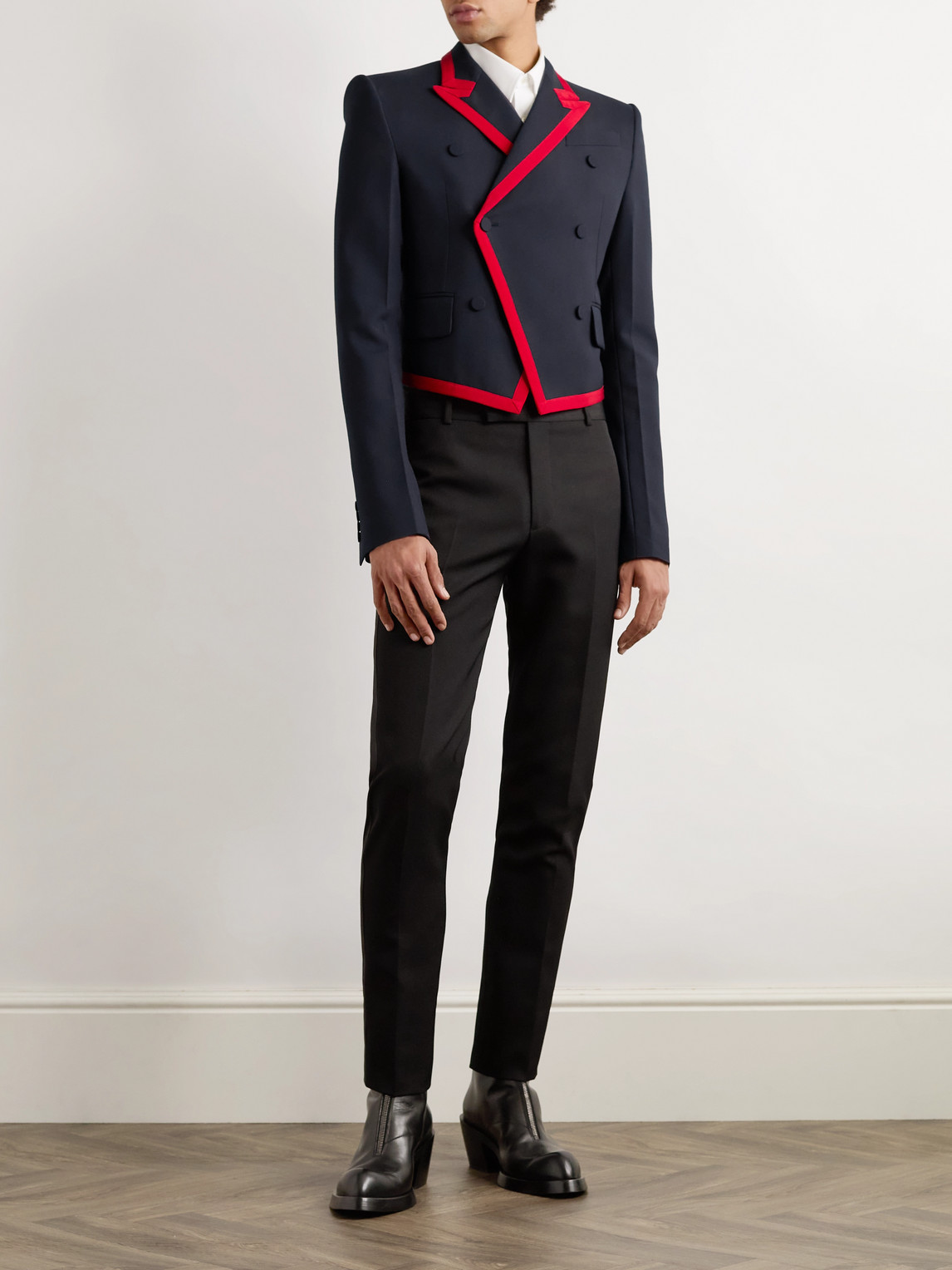 Alexander Mcqueen Slim-fit Double-breasted Grosgrain-trimmed Wool Blazer In Blue