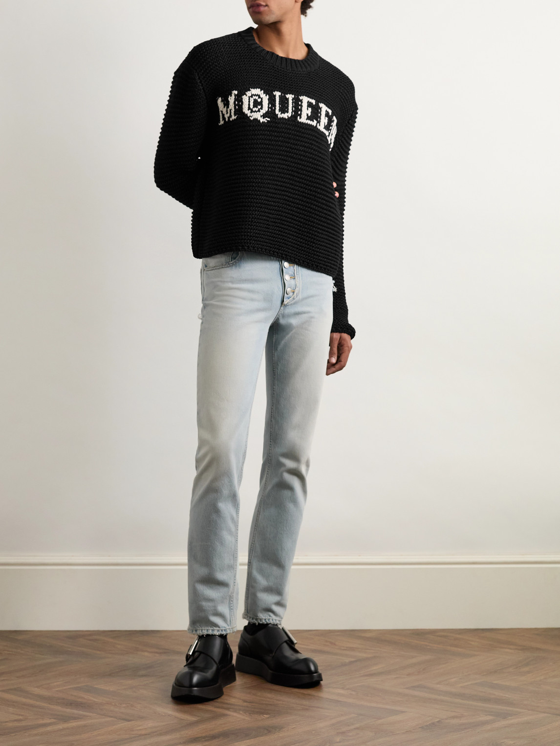 Alexander Mcqueen Logo Crewneck Cotton Sweater In Black