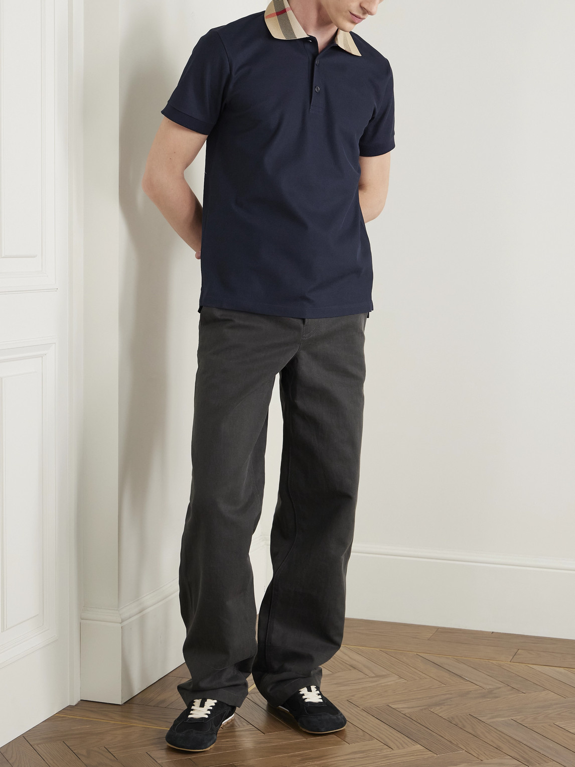 Burberry Men Check Collar Cotton Polo Shirt