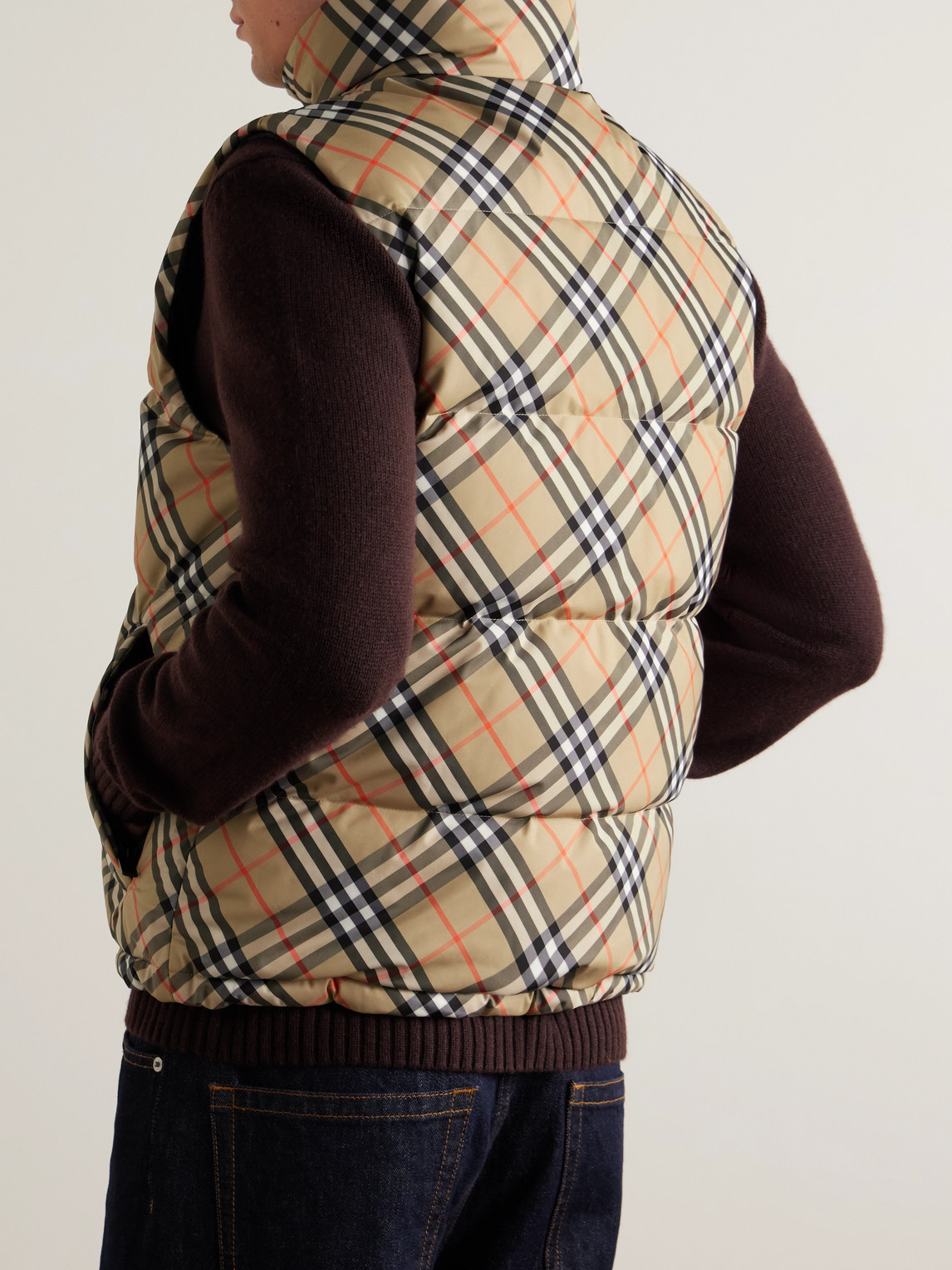 Burberry Beige Sleeveless Reversible Down Jacket With High Neck And All-over Check Motif In Tech Fabric Man In Neutral