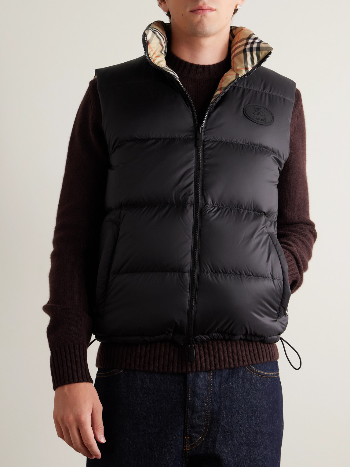 Burberry Beige Sleeveless Reversible Down Jacket With High Neck And All-over Check Motif In Tech Fabric Man In Neutral