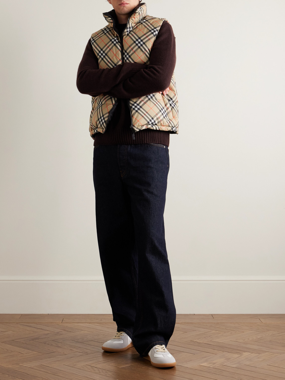 Burberry Beige Sleeveless Reversible Down Jacket With High Neck And All-over Check Motif In Tech Fabric Man In Neutral