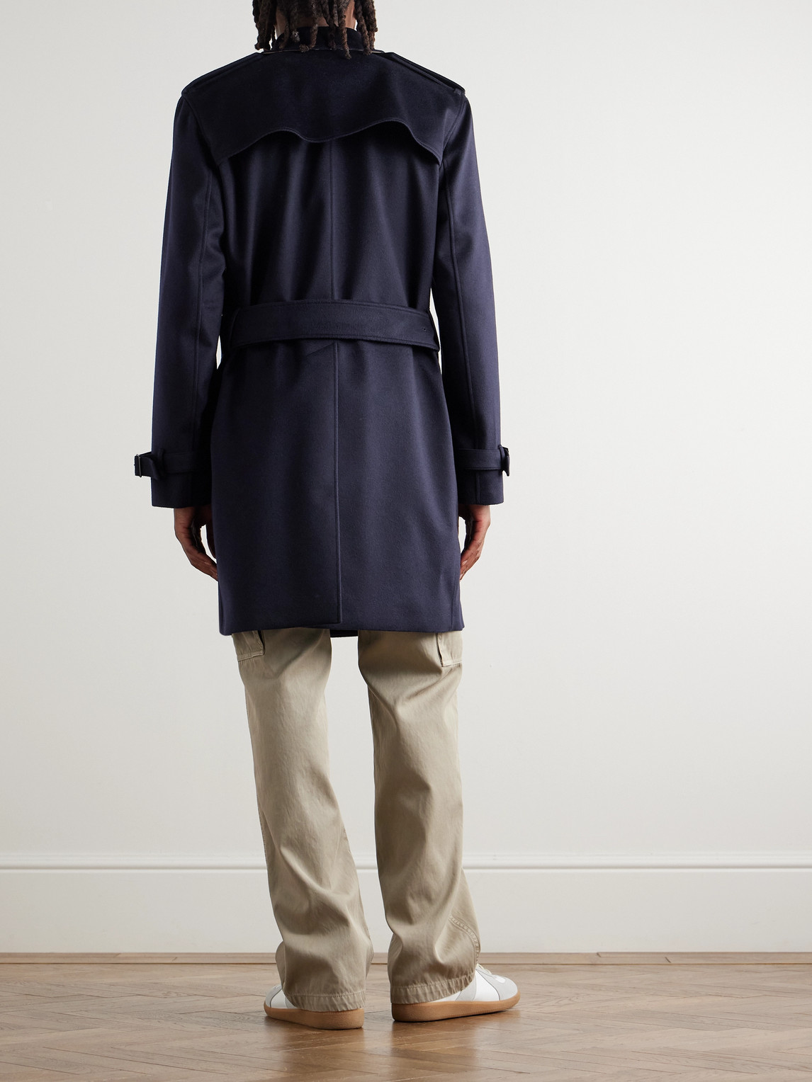 Burberry Hastings Double-breasted Belted Cashmere Trench Coat In Blue