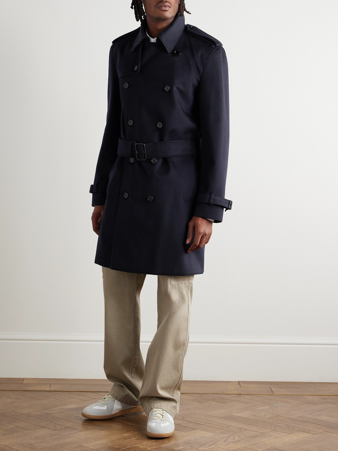 Burberry Hastings Double-breasted Belted Cashmere Trench Coat In Blue