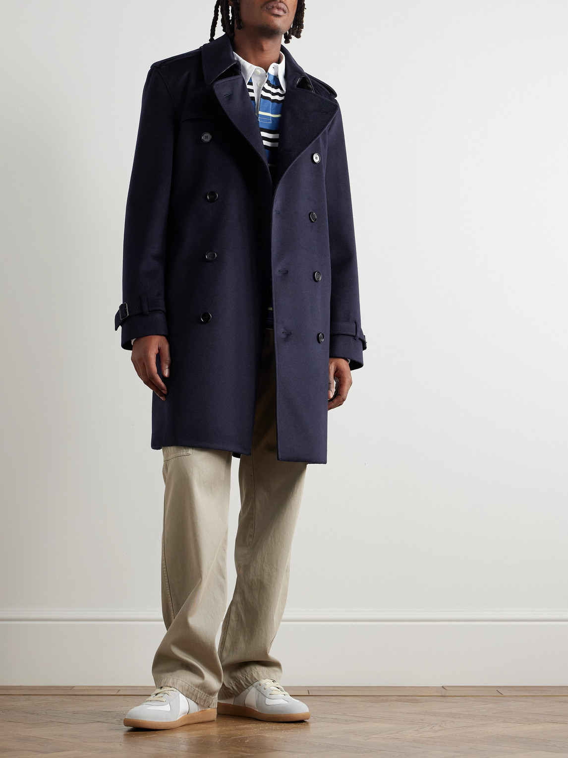 Burberry Hastings Double-breasted Belted Cashmere Trench Coat In Blue