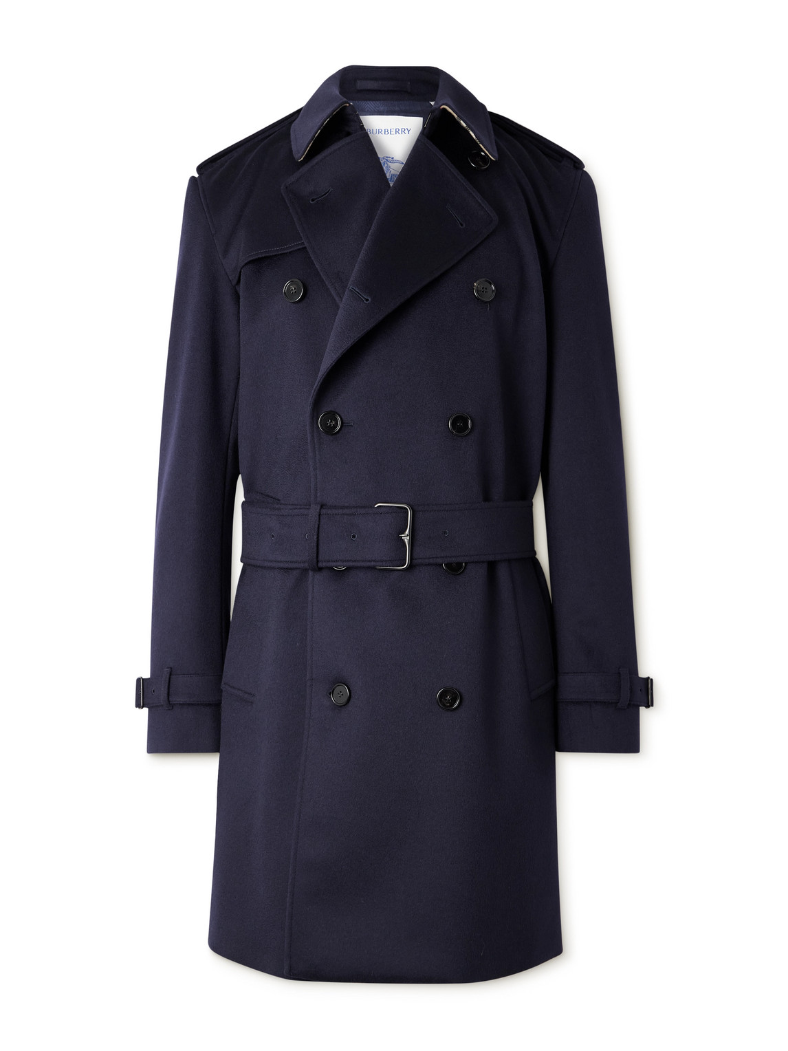 Burberry Hastings Double-breasted Belted Cashmere Trench Coat In Blue