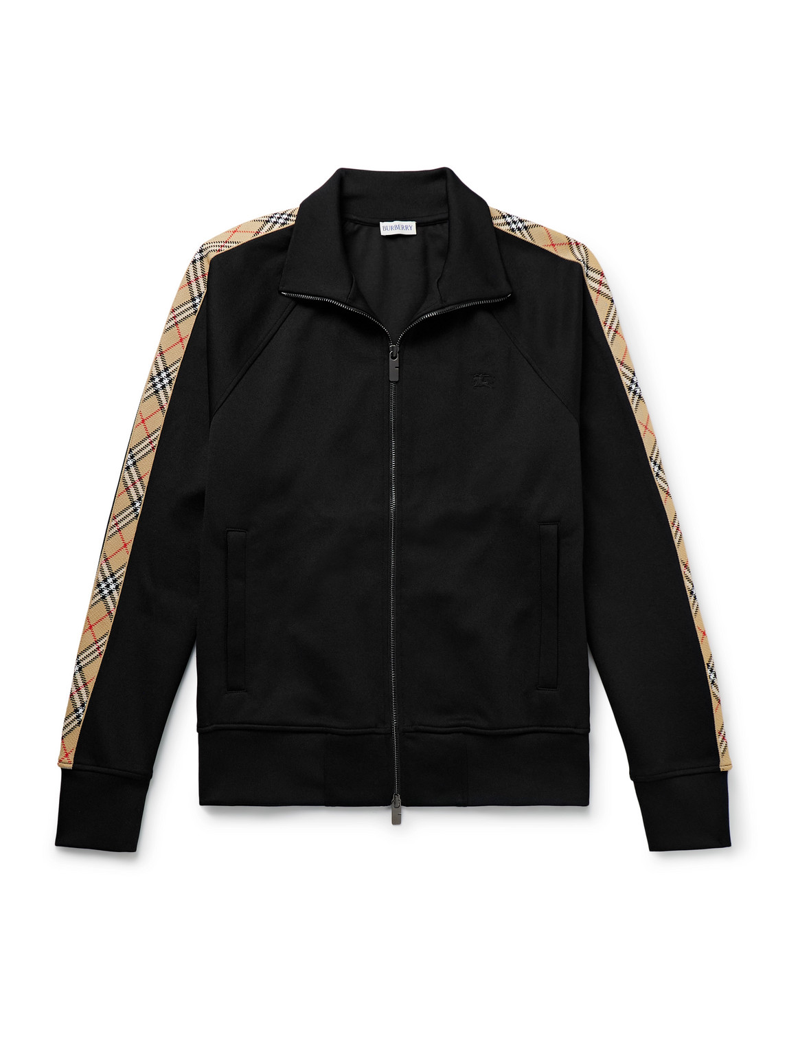 Burberry Checked Jacquard-trimmed Logo-embroidered Tech-jersey Track Jacket In Black