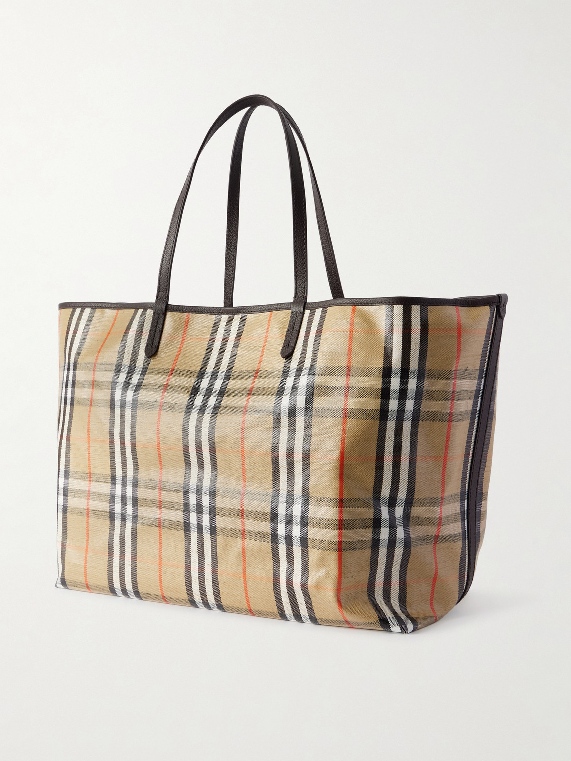 Burberry Full-grain Leather-trimmed Checked Coated-canvas Tote Bag In Neutral