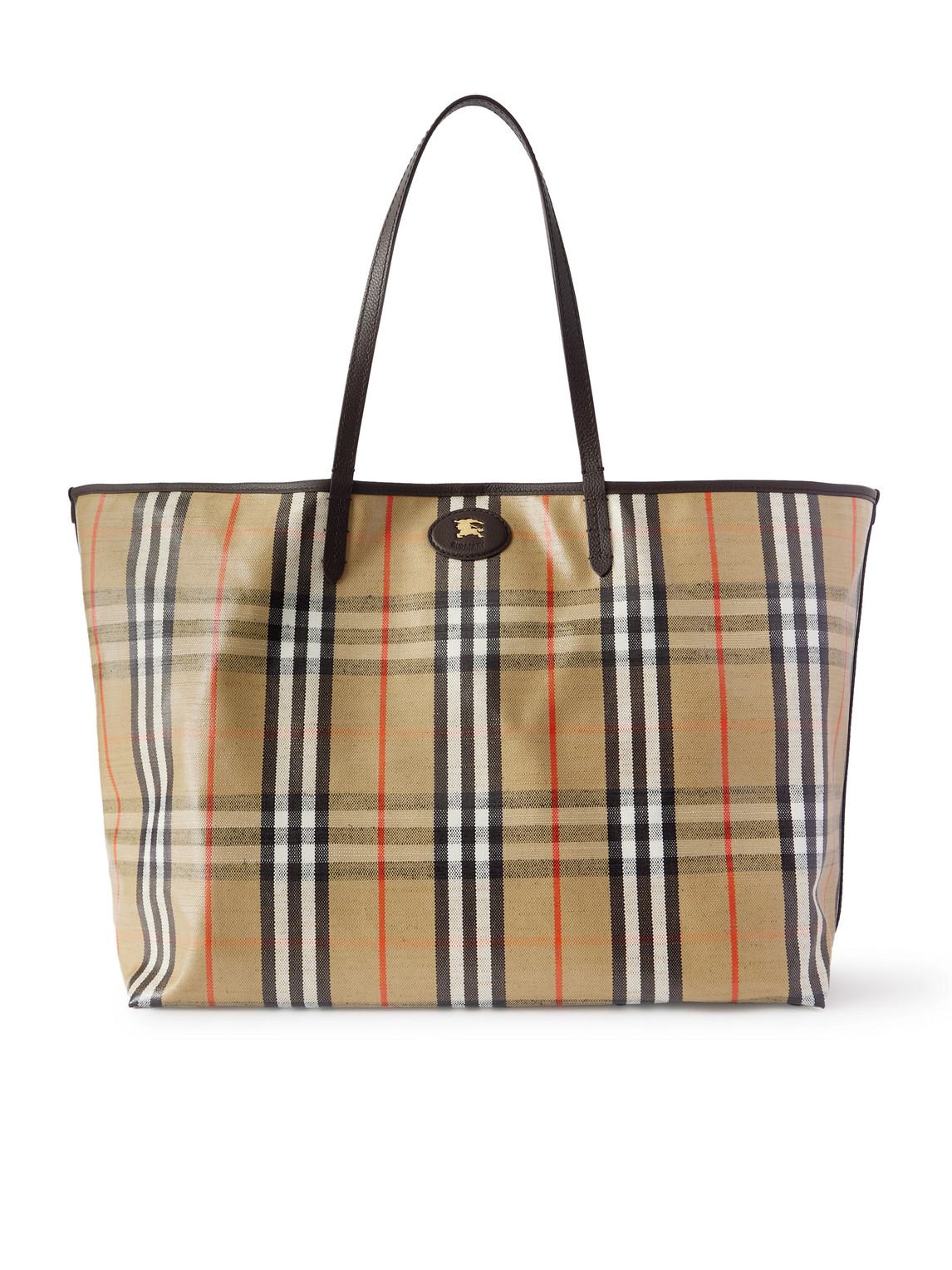 Burberry Full-grain Leather-trimmed Checked Coated-canvas Tote Bag In Neutral