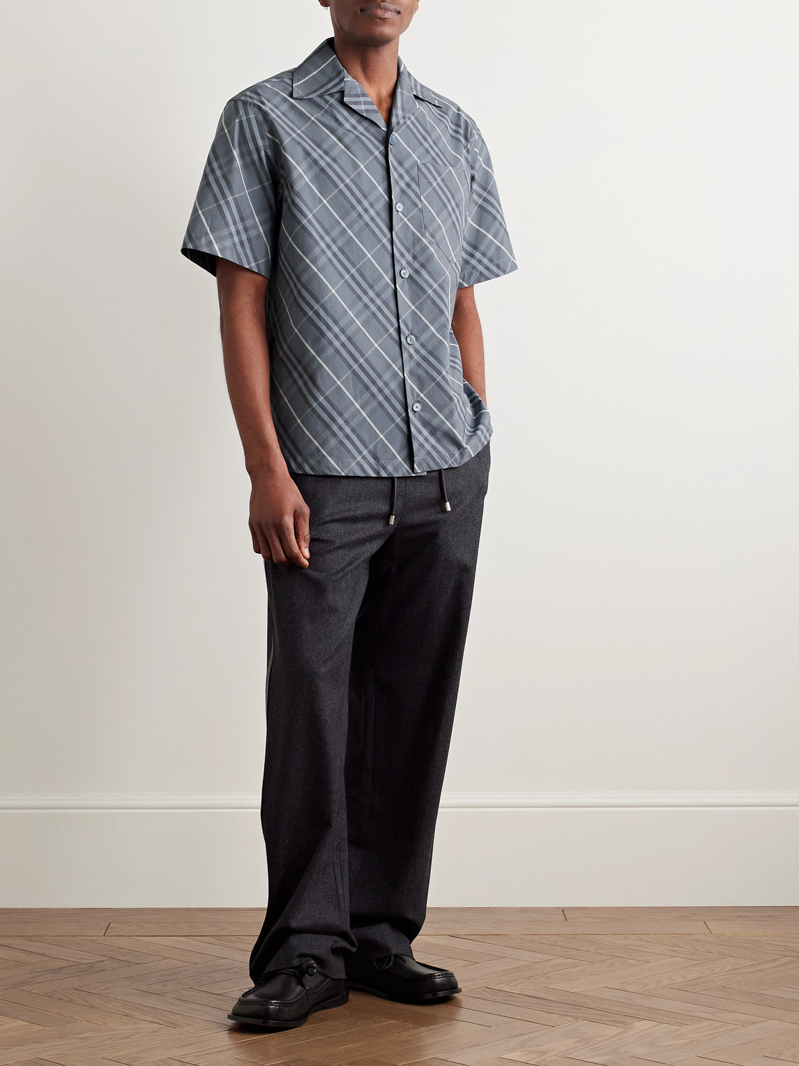 Burberry Camp-collar Checked Cotton-poplin Shirt In Blue