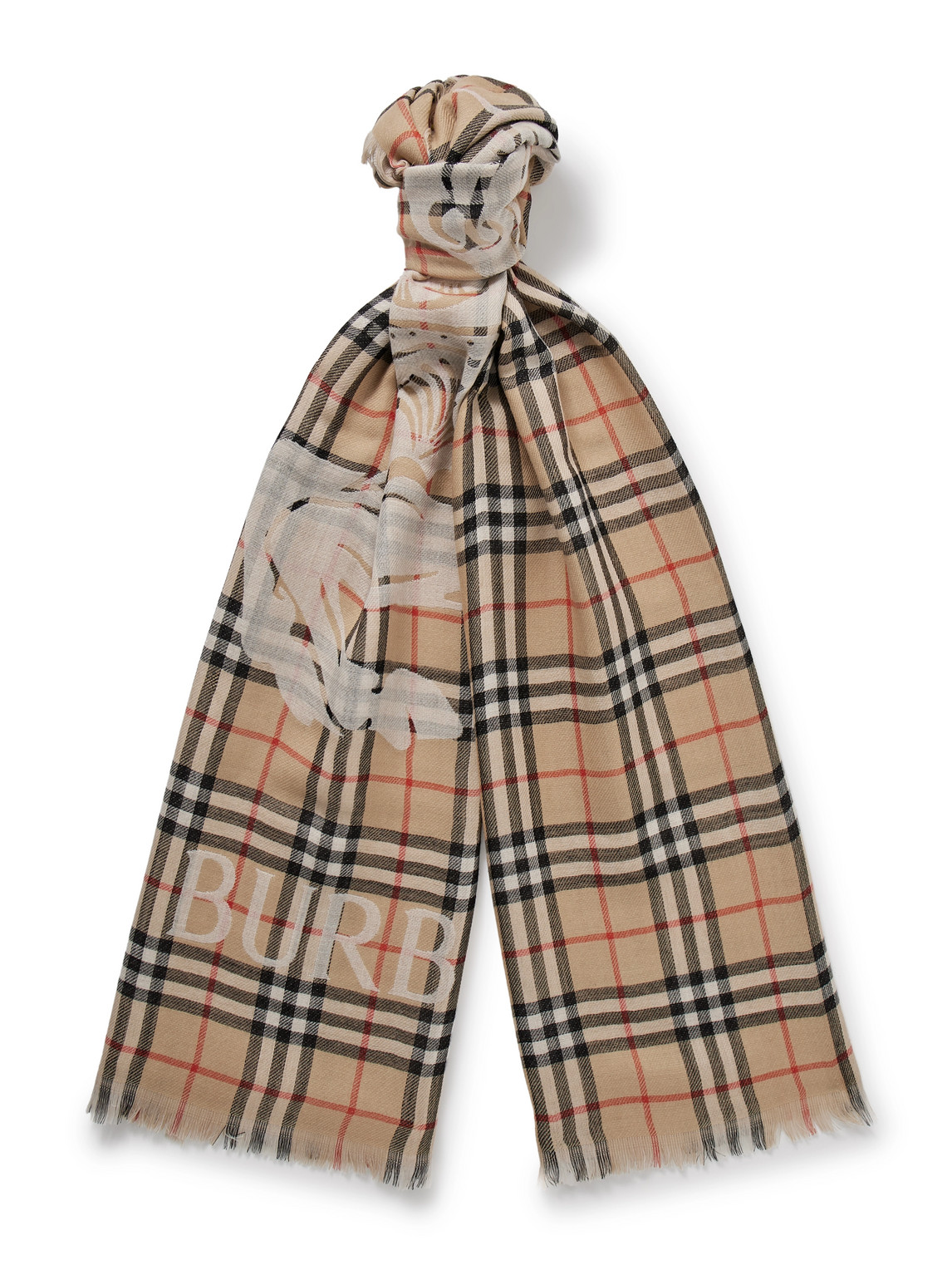 Burberry Frayed Logo-print Checked Wool-twill Scarf In Brown