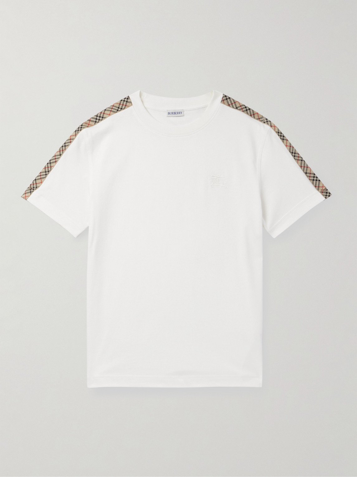 Burberry White Crewneck T-shirt With Check Motif On The Sleeve And Ekd Logo Embroidery On The Front In Cotton